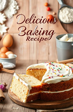 A beautifully designed baking recipe cover featuring an inviting kitchen scene