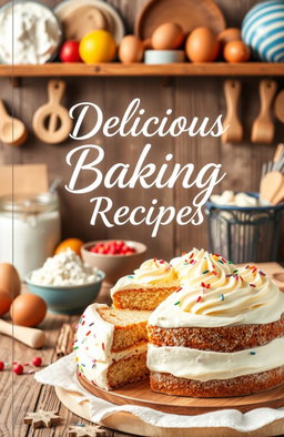 A beautifully designed baking recipe cover featuring an inviting kitchen scene