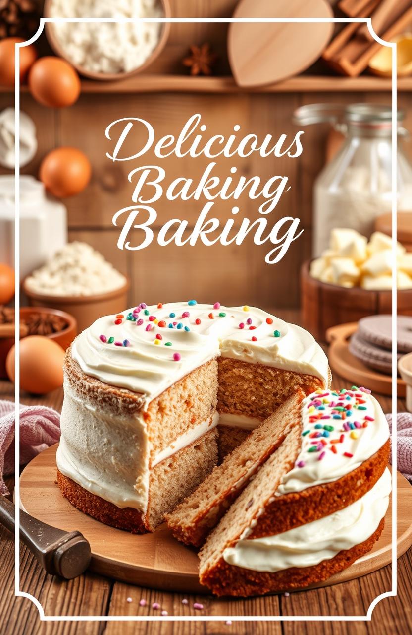 A beautifully designed baking recipe cover featuring an inviting kitchen scene