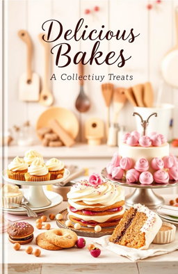 A beautifully designed baking recipe cover featuring an elegant layout that includes a variety of baked goods such as cupcakes, cookies, and a beautifully decorated cake
