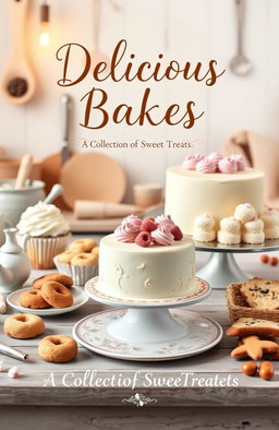 A beautifully designed baking recipe cover featuring an elegant layout that includes a variety of baked goods such as cupcakes, cookies, and a beautifully decorated cake