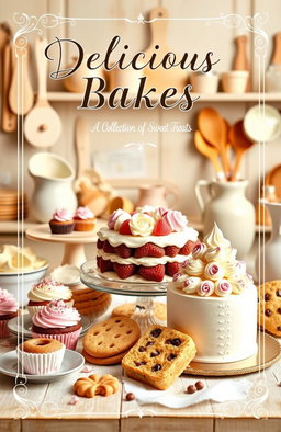 A beautifully designed baking recipe cover featuring an elegant layout that includes a variety of baked goods such as cupcakes, cookies, and a beautifully decorated cake