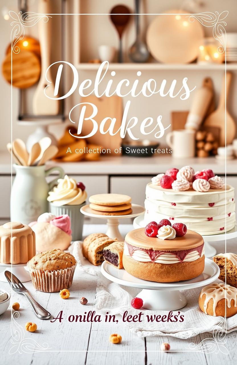 A beautifully designed baking recipe cover featuring an elegant layout that includes a variety of baked goods such as cupcakes, cookies, and a beautifully decorated cake