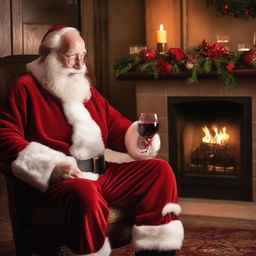 Santa Claus enjoying a quiet moment, savoring a glass of rich, red wine by the fireplace.