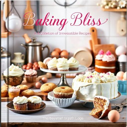 An aesthetically pleasing baking recipe cover featuring an array of delectable baked goods such as fluffy cupcakes, freshly baked cookies, and a beautifully frosted cake
