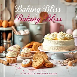 An aesthetically pleasing baking recipe cover featuring an array of delectable baked goods such as fluffy cupcakes, freshly baked cookies, and a beautifully frosted cake