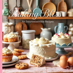 An aesthetically pleasing baking recipe cover featuring an array of delectable baked goods such as fluffy cupcakes, freshly baked cookies, and a beautifully frosted cake