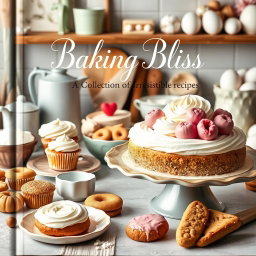 An aesthetically pleasing baking recipe cover featuring an array of delectable baked goods such as fluffy cupcakes, freshly baked cookies, and a beautifully frosted cake