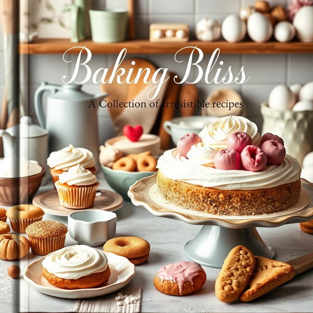 An aesthetically pleasing baking recipe cover featuring an array of delectable baked goods such as fluffy cupcakes, freshly baked cookies, and a beautifully frosted cake
