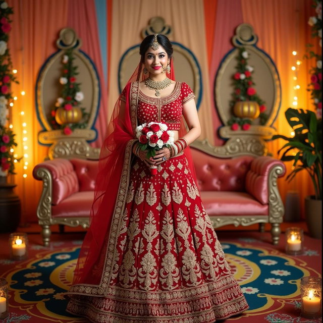 A beautiful Indian bride (dulhan) dressed in a richly embroidered red and gold lehenga, adorned with intricate jewelry including a maang tikka, necklace, earrings, and bangles