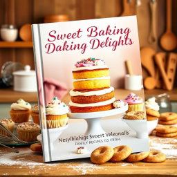 An eye-catching baking recipe cover showcasing a delightful assortment of baked treats including a towering layered cake, vibrant cupcakes with sprinkles, and an assortment of cookies