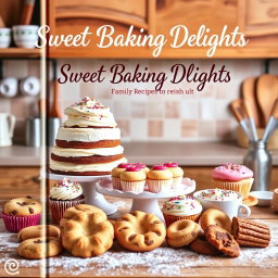 An eye-catching baking recipe cover showcasing a delightful assortment of baked treats including a towering layered cake, vibrant cupcakes with sprinkles, and an assortment of cookies