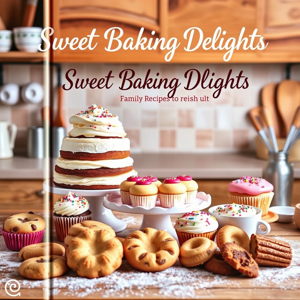 An eye-catching baking recipe cover showcasing a delightful assortment of baked treats including a towering layered cake, vibrant cupcakes with sprinkles, and an assortment of cookies