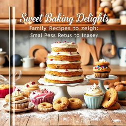 An eye-catching baking recipe cover showcasing a delightful assortment of baked treats including a towering layered cake, vibrant cupcakes with sprinkles, and an assortment of cookies