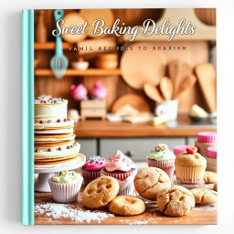 An eye-catching baking recipe cover showcasing a delightful assortment of baked treats including a towering layered cake, vibrant cupcakes with sprinkles, and an assortment of cookies