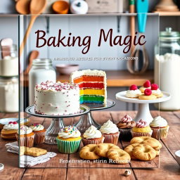 A captivating baking recipe cover showcasing a delightful spread of baked goods including a vibrant rainbow cake, assorted beautifully decorated cupcakes, and golden brown cookies arranged on a vintage wooden table