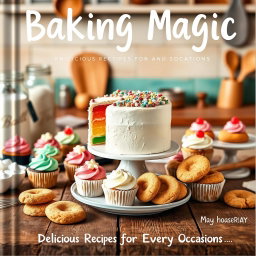 A captivating baking recipe cover showcasing a delightful spread of baked goods including a vibrant rainbow cake, assorted beautifully decorated cupcakes, and golden brown cookies arranged on a vintage wooden table