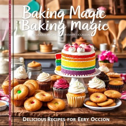 A captivating baking recipe cover showcasing a delightful spread of baked goods including a vibrant rainbow cake, assorted beautifully decorated cupcakes, and golden brown cookies arranged on a vintage wooden table