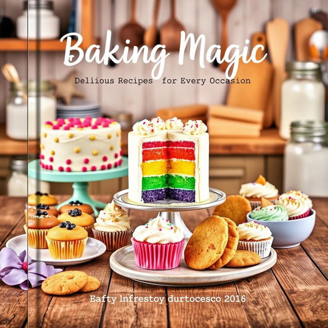 A captivating baking recipe cover showcasing a delightful spread of baked goods including a vibrant rainbow cake, assorted beautifully decorated cupcakes, and golden brown cookies arranged on a vintage wooden table