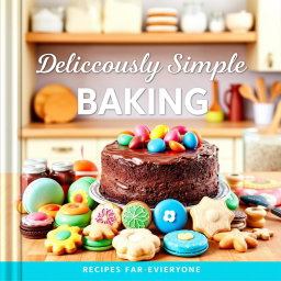 A beautiful baking recipe cover that highlights a stunning display of diverse baked items, including a rich chocolate cake, colorful macarons, and an assortment of decorative cookies