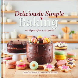 A beautiful baking recipe cover that highlights a stunning display of diverse baked items, including a rich chocolate cake, colorful macarons, and an assortment of decorative cookies
