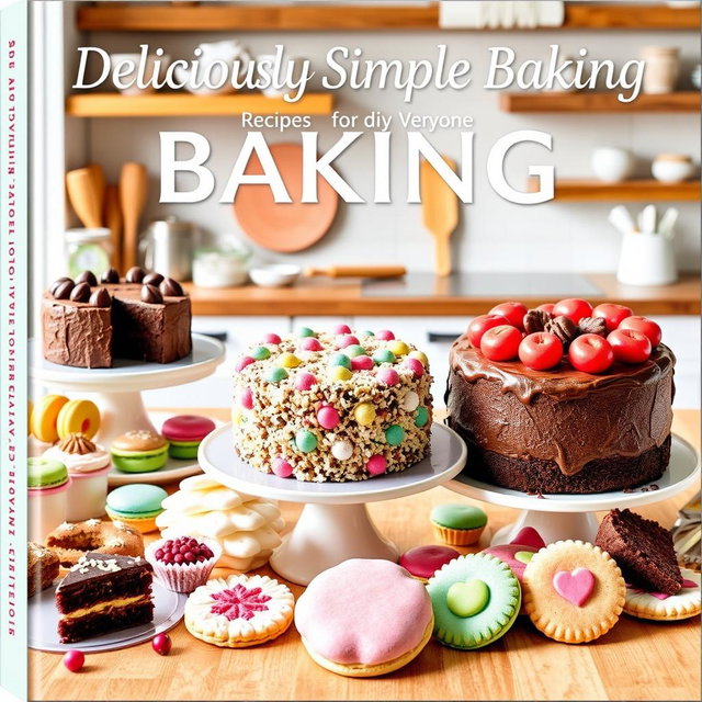 A beautiful baking recipe cover that highlights a stunning display of diverse baked items, including a rich chocolate cake, colorful macarons, and an assortment of decorative cookies