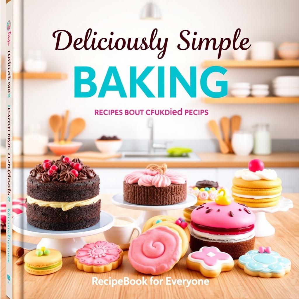 A beautiful baking recipe cover that highlights a stunning display of diverse baked items, including a rich chocolate cake, colorful macarons, and an assortment of decorative cookies