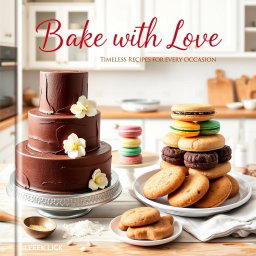 A beautifully designed baking recipe cover featuring an artistic arrangement of delectable baked goods, including a three-tiered chocolate wedding cake with elegant decorations, colorful macarons stacked gracefully, and a plate of freshly baked cookies