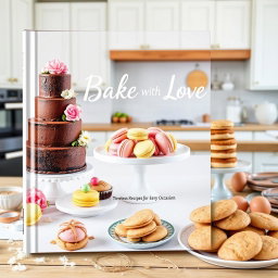 A beautifully designed baking recipe cover featuring an artistic arrangement of delectable baked goods, including a three-tiered chocolate wedding cake with elegant decorations, colorful macarons stacked gracefully, and a plate of freshly baked cookies