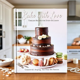A beautifully designed baking recipe cover featuring an artistic arrangement of delectable baked goods, including a three-tiered chocolate wedding cake with elegant decorations, colorful macarons stacked gracefully, and a plate of freshly baked cookies