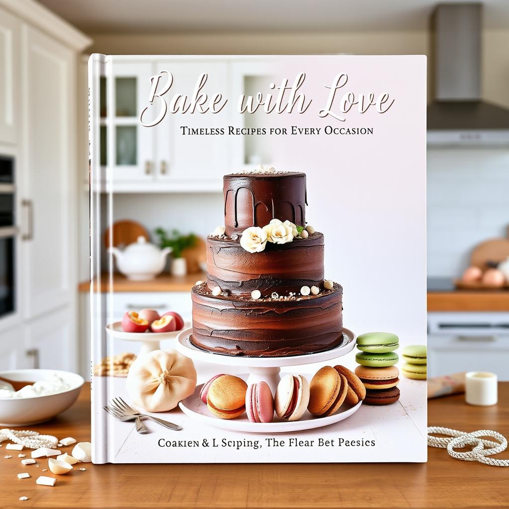 A beautifully designed baking recipe cover featuring an artistic arrangement of delectable baked goods, including a three-tiered chocolate wedding cake with elegant decorations, colorful macarons stacked gracefully, and a plate of freshly baked cookies
