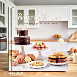 A beautifully designed baking recipe cover featuring an artistic arrangement of delectable baked goods, including a three-tiered chocolate wedding cake with elegant decorations, colorful macarons stacked gracefully, and a plate of freshly baked cookies
