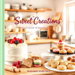 An eye-catching baking recipe cover that beautifully presents an array of mouthwatering baked treats, specifically featuring an elegantly frosted vanilla cake with fresh berries, a colorful selection of macarons, and a platter of assorted cookies