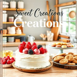 An eye-catching baking recipe cover that beautifully presents an array of mouthwatering baked treats, specifically featuring an elegantly frosted vanilla cake with fresh berries, a colorful selection of macarons, and a platter of assorted cookies