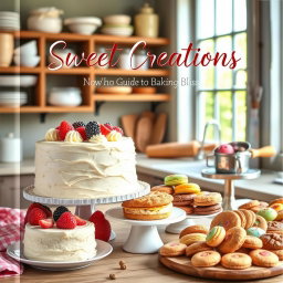 An eye-catching baking recipe cover that beautifully presents an array of mouthwatering baked treats, specifically featuring an elegantly frosted vanilla cake with fresh berries, a colorful selection of macarons, and a platter of assorted cookies