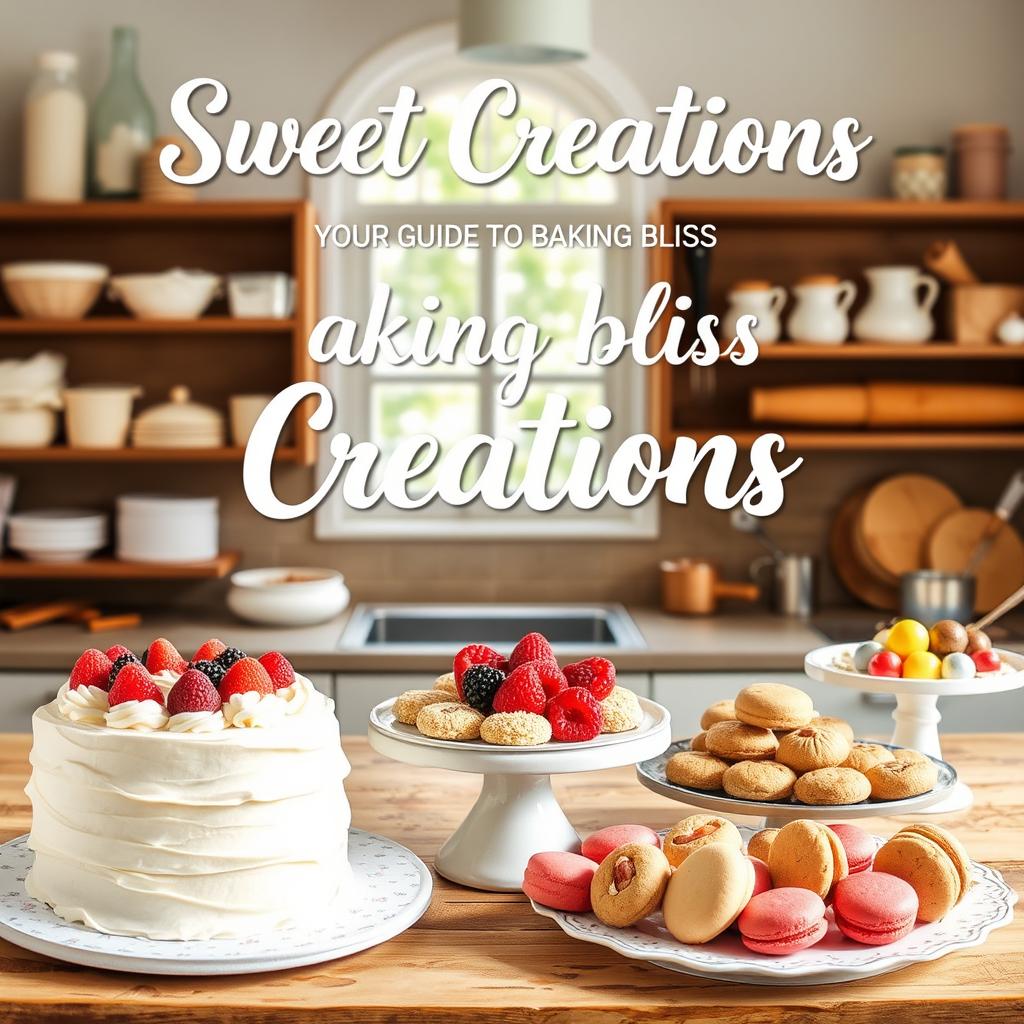 An eye-catching baking recipe cover that beautifully presents an array of mouthwatering baked treats, specifically featuring an elegantly frosted vanilla cake with fresh berries, a colorful selection of macarons, and a platter of assorted cookies