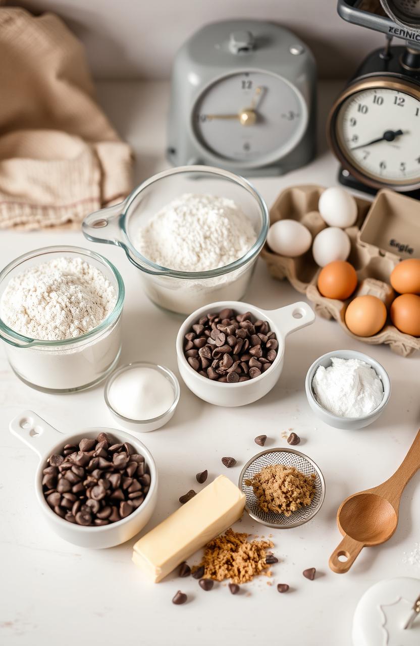 A beautifully arranged flat lay of a baking countertop featuring ingredients for a classic chocolate chip cookie recipe