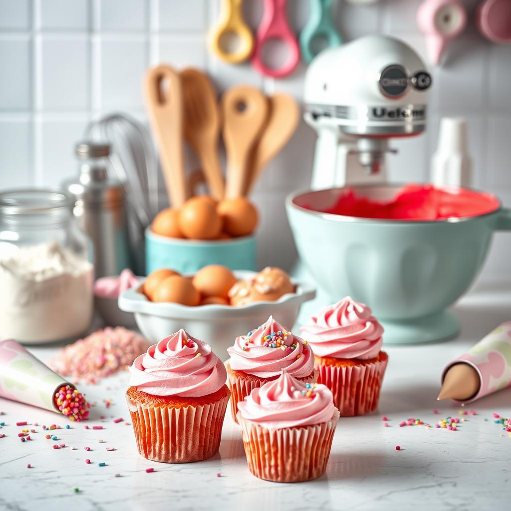 An inviting and colorful baking showcase highlighting a cupcake recipe preparation scene