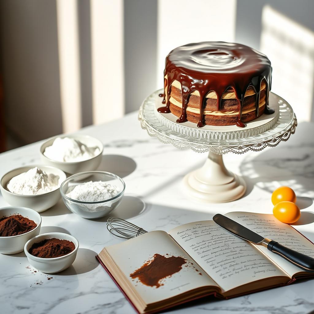 An elegant baking setup featuring a decadent chocolate cake recipe