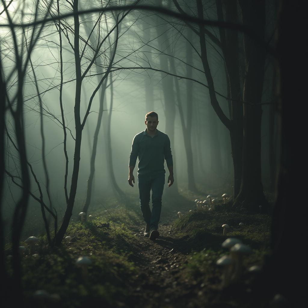 A man walking through a small forest, with discreet mushrooms growing on the trunks of trees