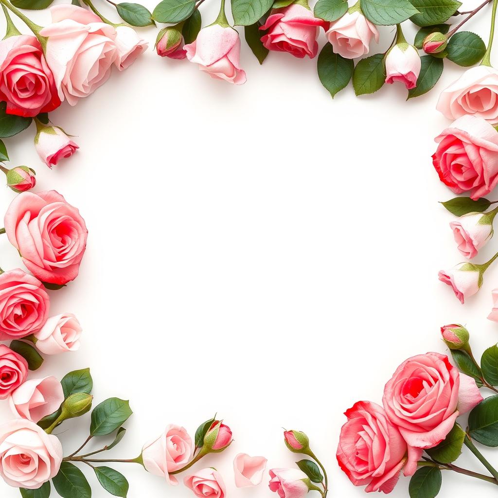 A clean white canvas with a delicate arrangement of soft pink and red roses gracefully framing the edges