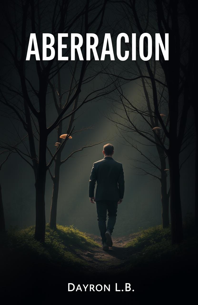 A man walking through a small forest, with discreet mushrooms growing on the tree trunks