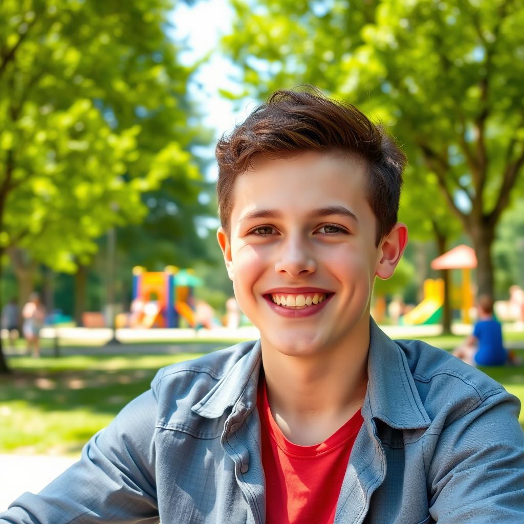 A young man with Down syndrome, smiling brightly, wearing a stylish casual outfit, sitting comfortably in a sunny park