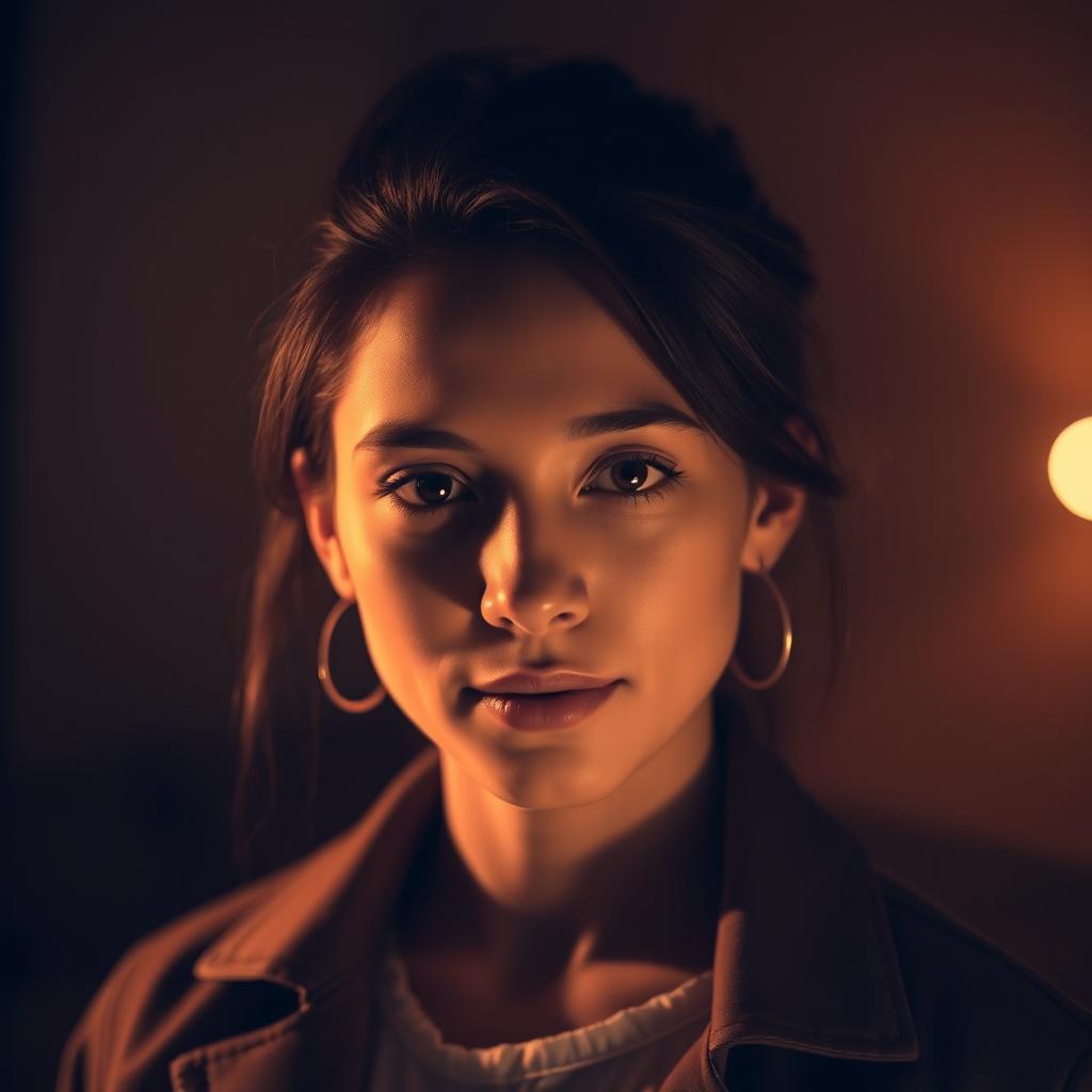 A portrait of a person bathed in a warm spotlight, highlighting their features and creating a soft glow around them