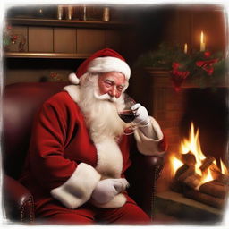 Santa Claus enjoying a quiet moment, savoring a glass of rich, red wine by the fireplace.