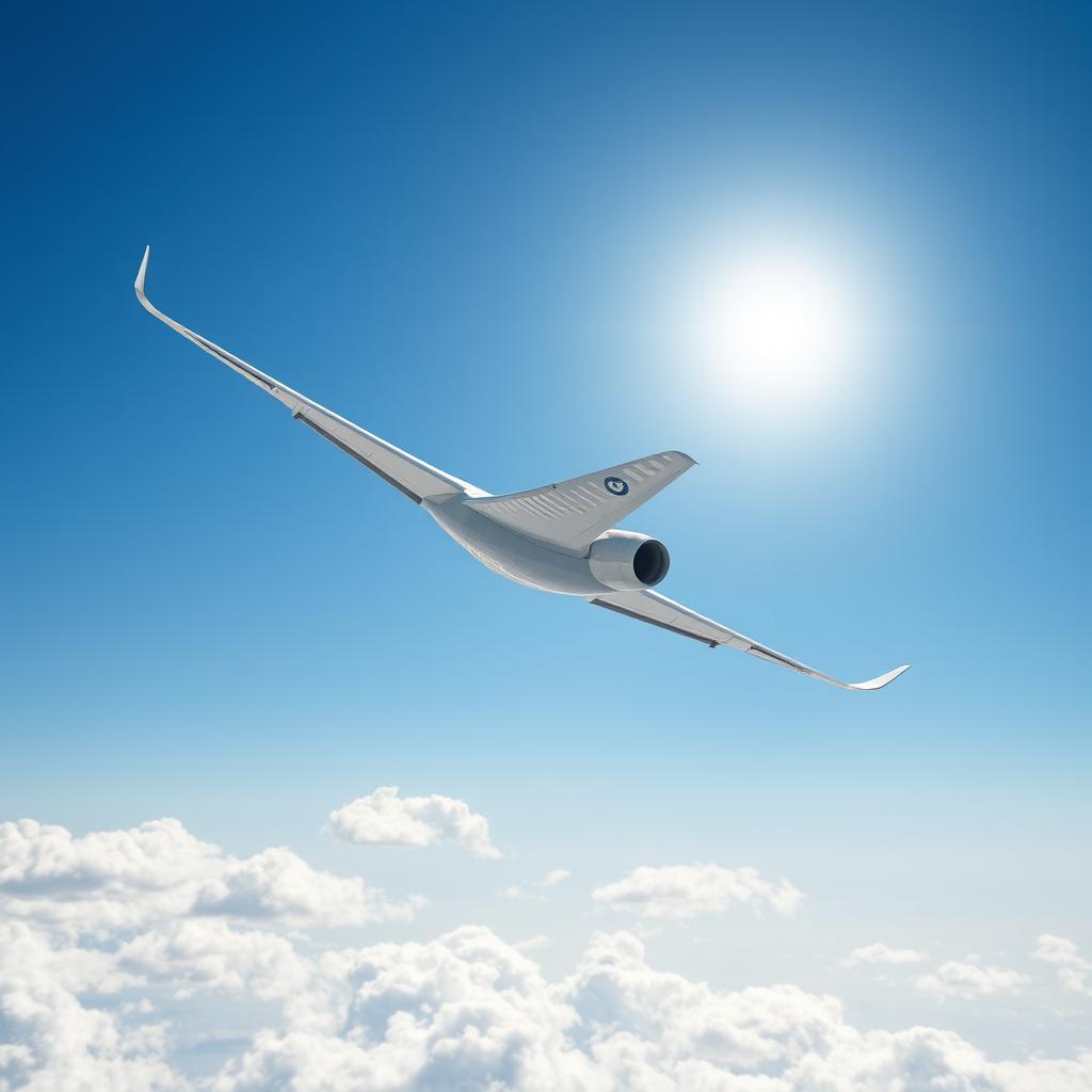 An aircraft flying through a clear blue sky, prominently displaying a striking logo featuring a stylized location pin integrated into the design
