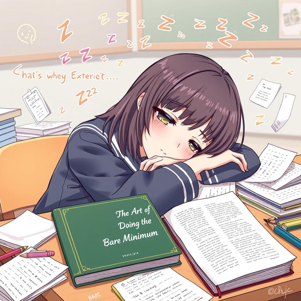 A girl with shoulder-length hair, wearing a casual school uniform, slumped over a school desk in a classroom setting
