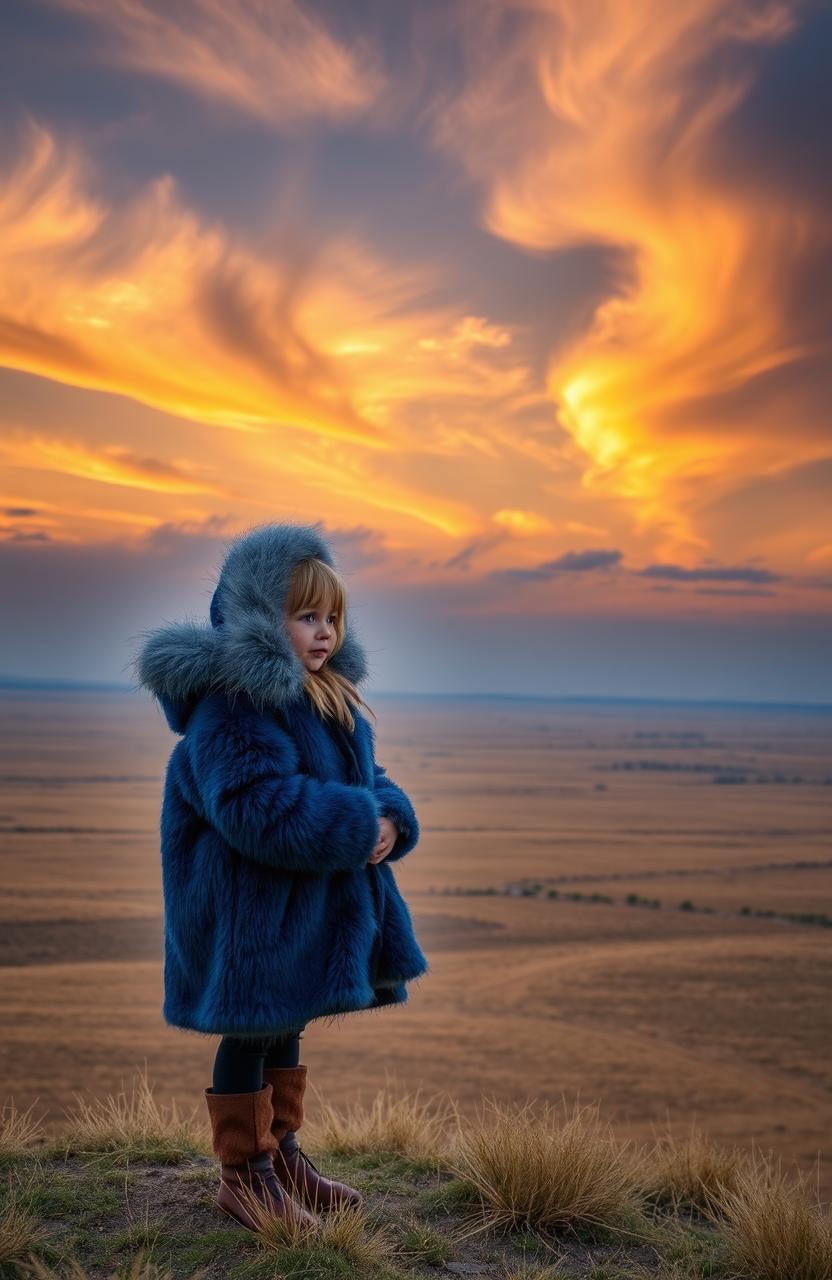 A girl dressed in Siberian-style clothing, wearing a blue fur coat with a fluffy hood, stands on a hill overlooking a vast Kazakh steppe