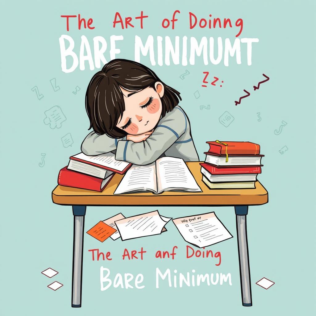 A book cover design inspired by famous contemporary novels, featuring a girl slumped over a school desk, half-asleep