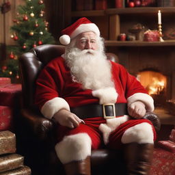 Santa Claus enjoying a pipe in his cosy armchair in his workshop, surrounded by gifts and a twinkling Christmas tree.